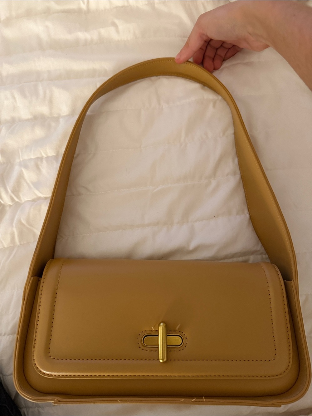 Mustard Yellow Shoulder Bag with Gold Hardware, Brand is Rachel Zoe